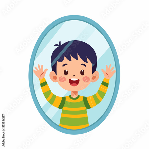 Smiling cartoon boy waving at his reflection in an oval mirror, happy child looking at himself