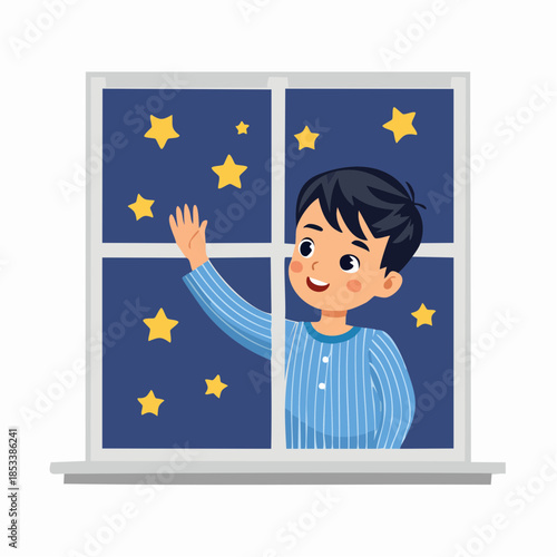Cute cartoon boy in pajamas waving from window at night with stars outside, sweet dreams concept