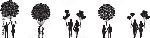 Romantic Couple with Heart Balloons Silhouette Collection