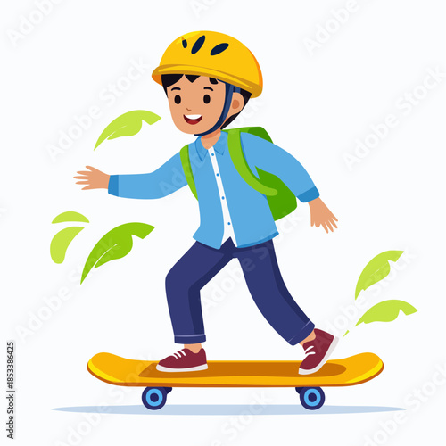 Happy boy in a helmet and backpack skateboarding, enjoying outdoor activity, cartoon illustration