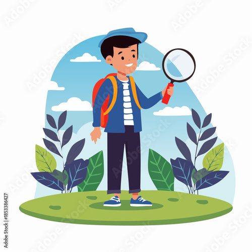 Young boy with backpack and magnifying glass standing on grass.