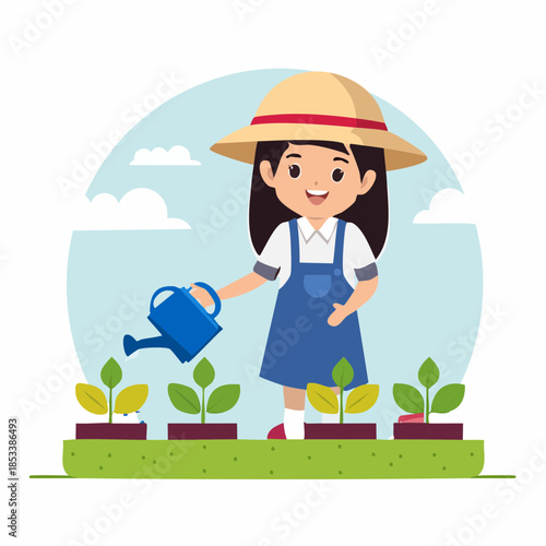 Happy girl in a straw hat watering plants. Cute cartoon child gardening, nurturing growth and nature. Flat vector illustration.