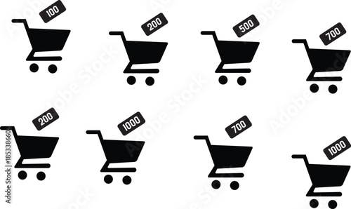 A collection of black shopping cart icons with varying price tags displayed above each cart visually