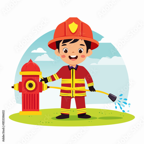 Cheerful Cartoon Boy Firefighter with Fire Hydrant and Water Hose. Child Playing, Emergency Services, Kids Career Concept.