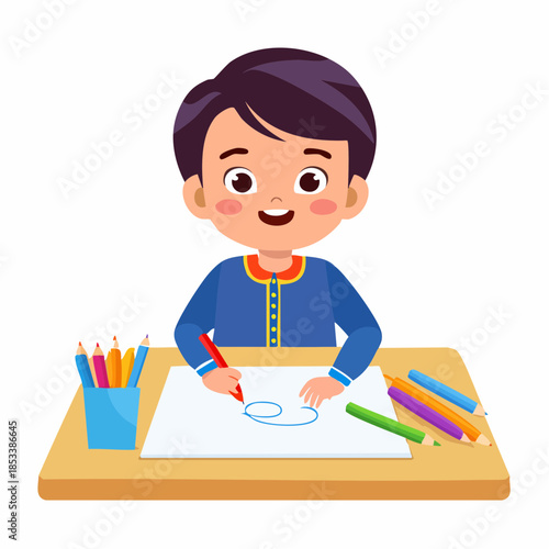 Happy cartoon boy drawing with colorful pencils on paper at desk. Child engaged in creative art and learning activity.