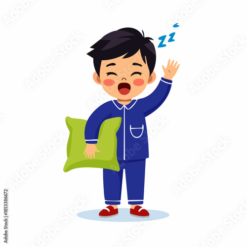 Sleepy Cartoon Boy Yawning in Blue Pajamas with Pillow - Tired Child Illustration
