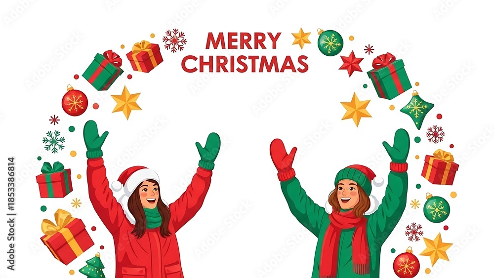 Fototapeta premium Two joyful women dressed as Santa Claus and an elf are celebrating Christmas with festive decorations