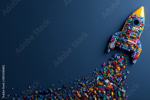 Colorful Lego rocket launching into the sky with scattered pieces