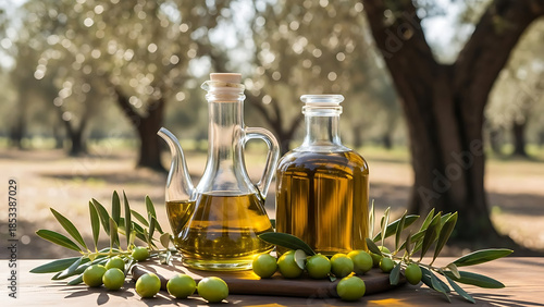 Olive oil bottles with olives isolated on white background