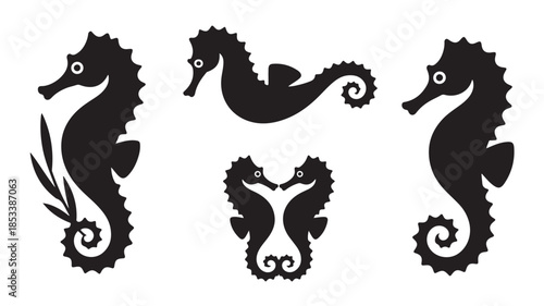 Seahorse Silhouettes in Various Poses with Oceanic Elements in Black and White Illustration for Marine Life Design