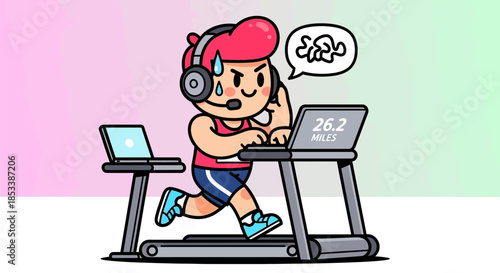 Cartoon Man Running on Treadmill with Headphones.