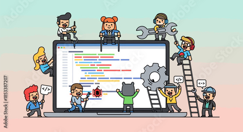 Cartoon People Working on Large Laptop Screen.