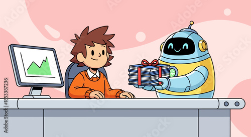 Cartoon Robot Delivering Package to Person.