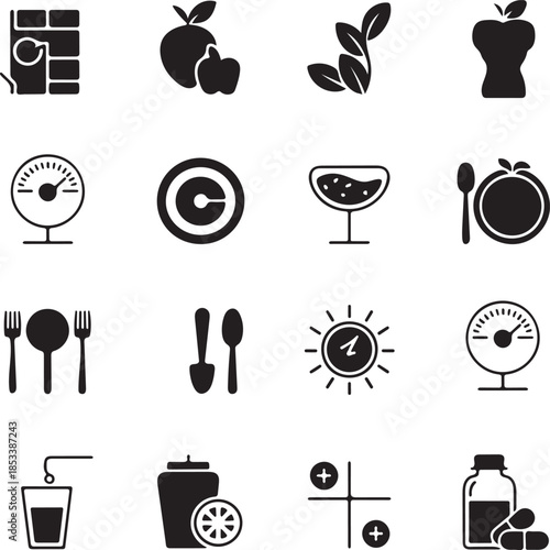 Healthy food and nutrition icon set with diet tracking, meal planning, calorie control, fruits, supplements and wellness symbols vector