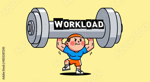 Cartoon Man Lifting Heavy Workload Dumbbell.