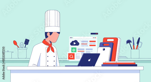 Chef Working on Laptop Computer.