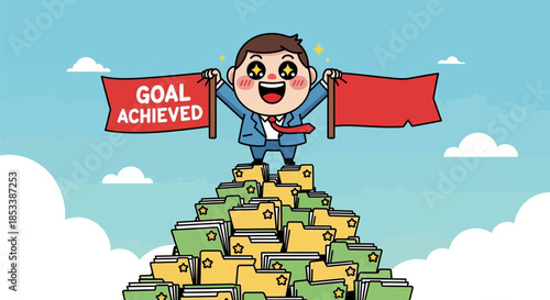 Cartoon Man Standing on Pile of Money.