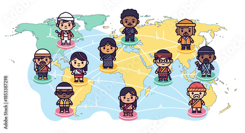 Diverse Cartoon Characters on World Map.