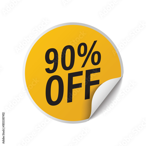 Yellow round discount sticker showing ninety percent off price reduction for commercial retail sales promotions