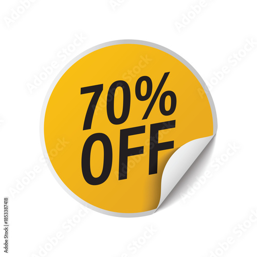 Yellow round discount sticker showing seventy percent off price reduction for commercial retail sales promotions