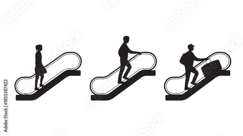 Silhouette of people riding escalator with luggage in modern minimalist style with black and white contrast for urban transportation