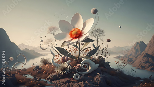 Fantasy flower landscape isolated on white background