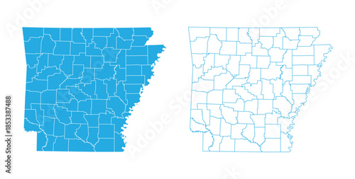 Blue silhouette and outline vector map of Arkansas state with county borders on white background