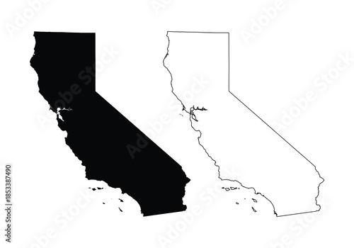 High quality black silhouette and outline vector map of California state isolated on white background