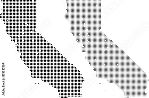 Creative black and grey dotted pattern vector map of California state isolated on white background