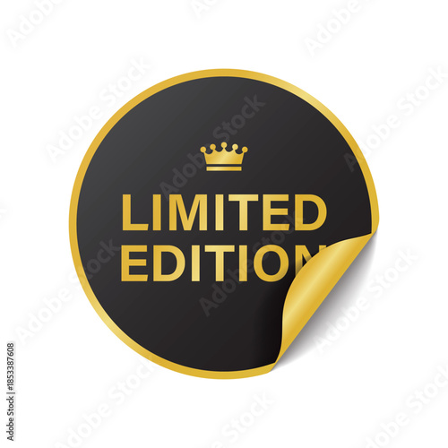 Luxury black round sticker with gold limited edition text and crown for premium product branding
