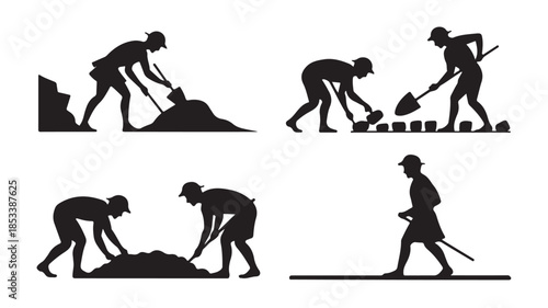 Silhouette of laborer digging and shoveling soil in various poses with hard hat in black and white illustration for construction industry