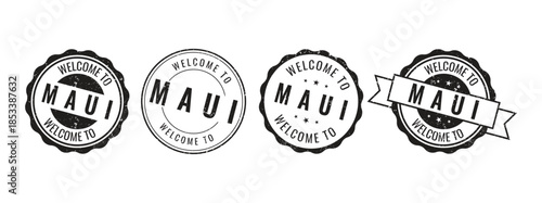 Set of Welcome to Maui black rubber stamp seal icons for Hawaii travel