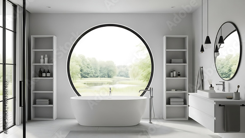 Modern bathroom with large circular window isolated on white background