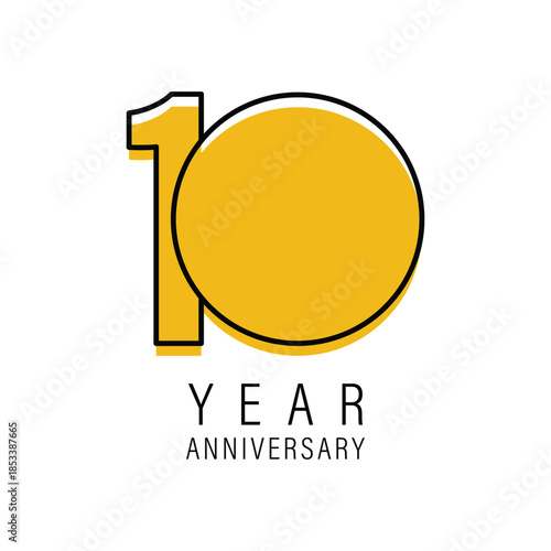 Minimalist yellow number ten year anniversary logo design with bold black outlines on white background