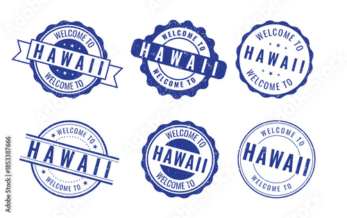 Welcome to Hawaii stamp set featuring blue vintage rubber seal designs isolated on white background element