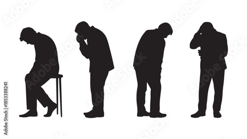 Depressed man in various poses of despair in black silhouette with dramatic lighting on white background for mental health awareness