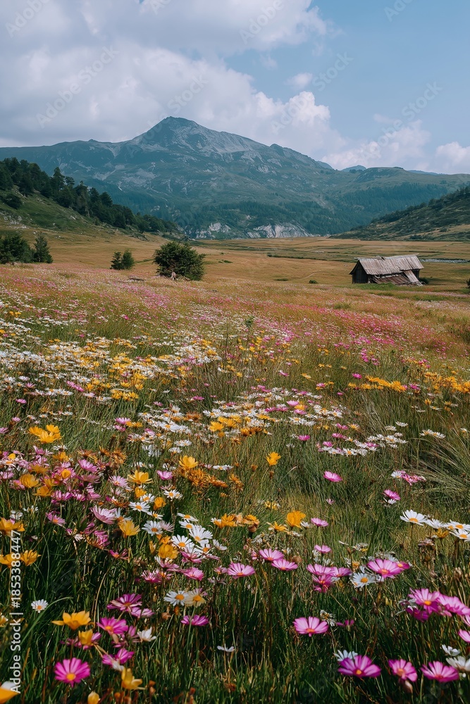 Naklejka premium Colorful wildflowers blooming in mountain meadow field. Colorful wildflowers blooming profusely across a vibrant meadow with blurred mountains in background