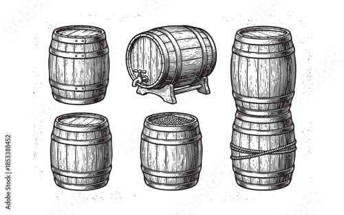 Vintage Wooden Barrels. Hand Drawn Cask and Keg Set.