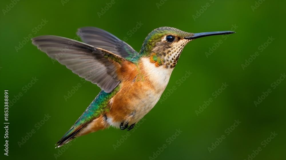 Fototapeta premium Hummingbird in Flight with Blurred Wings and Green Background
