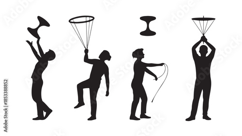 Silhouette of people catching objects in minimalist style with dramatic lighting on white background for fitness or acrobatic