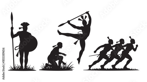 Ancient warriors in dynamic poses with traditional weapons in black silhouette on white background for historical illustration