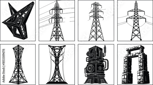 Transmission tower vector, abstract pylon design, robot silhouette, stone arch illustration, black and white structure icons, engineering concept art