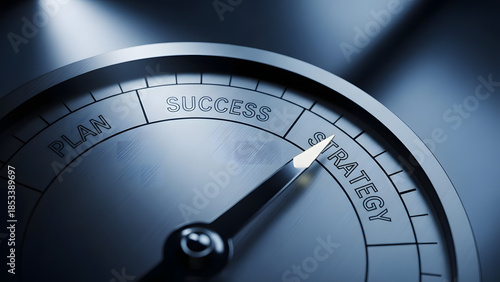 Strategy points to success, a compass needle moving towards the word success on a dial with plan and strategy indicating business direction and goal achievement metaphor