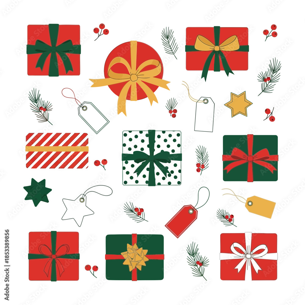 Obraz premium Festive Christmas gift box icons with holly berries and decorations in bright holiday colors