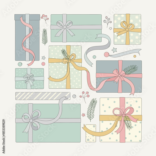 Cute pastel-colored gift boxes with ribbons and decorative elements for celebrations and special