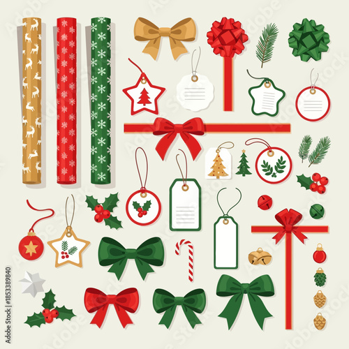 Decorative Christmas Gift Wrapping and Ornament Set with Bow and Holly Adornments for Festive