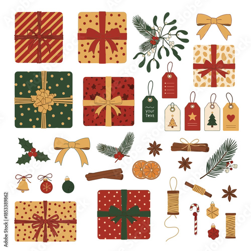 Festive Christmas gift boxes and holiday decor with ornaments and natural elements