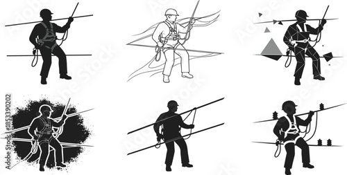 Utility worker climbing pole, electrical safety, silhouette vector, lineman illustration, power line maintenance, harness gear, abstract background, energy job