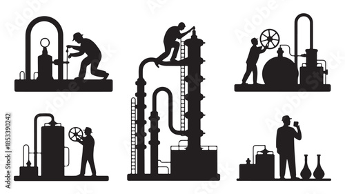 Industrial Workers in Silhouette with Factory Equipment in Black and White for Energy Industry