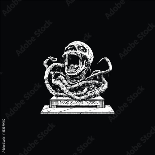 Vintage hand drawn illustration of a screaming skeletal mummy wrapped in tangled bandages.